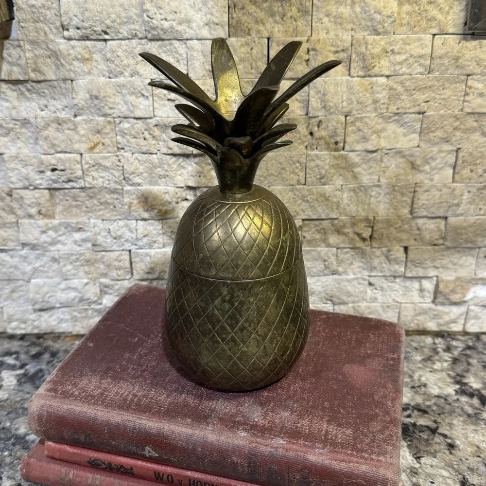 Vintage Brass Pineapple Jar Container Canister with Lid  7'' Tall Mid Century‎